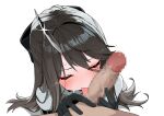  1boy 1girl absurdres black_gloves black_hair blush censored closed_eyes commentary_request commission fellatio girls'_frontline girls'_frontline_2:_exilium gloves hair_between_eyes highres horns long_hair mosaic_censoring oral penis phaetusa_(girls'_frontline_2) pov pov_crotch shirt simple_background single_horn skeb_commission sweat tongue tongue_out white_background white_shirt yanagui_yugi 