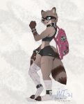  2021 anthro backpack blue_eyes bottomwear brown_body brown_fur clothed clothing collar ear_piercing eyebrow_piercing eyebrow_ring facial_piercing female fully_clothed fur industrial_piercing lip_piercing mammal midriff open_mouth open_smile piercing procyonid punky_raccoon_(pointedfox) raccoon shorts signature simple_background smile solo standing wrenchthrower 