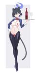  1girl absurdres alcohol animal_ears black_hiphighs blue_archive blue_halo bottle bow bowtie breasts collared_shrug colored_inner_hair commentary_request cup dress drinking_glass extra_ears eyeliner frontless_outfit glass hair_bun hair_ornament halo heart_maebari heart_pasties highres hiphighs holding holding_tray kaguya_(blue_archive) large_breasts latex latex_hiphighs latex_legwear latex_shrug looking_at_viewer maebari makeup multicolored_hair navel panther_ears panther_girl panther_tail pasties playboy_bunny purple_hair red_eyeliner revealing_clothes reverse_bunnysuit reverse_outfit short_hair shrug_(clothing) simple_background single_hair_bun smile solo tail tray weissbeir21 yellow_eyes 
