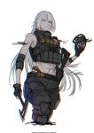  1girl abs ak-15 ak-15_(girls'_frontline) assault_rifle axe girls'_frontline girls'_frontline_2:_exilium gun hair_over_one_eye hatchet_(axe) highres kalashnikov_rifle long_hair mechanical_eyes muscular muscular_female rifle seilindekos tactical_clothes tom_clancy's_the_division voymastina_(girls'_frontline_2) weapon white_background white_hair 