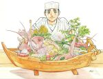  1boy black_hair brown_eyes cherry_blossoms commentary_request cook fish_(food) flower food food_focus hat highres honjo_kei kitaoka_souta leaf lobster looking_at_viewer official_art parted_lips pillbox_hat pink_flower shirt short_hair short_sleeves signature smile solo souta_no_houchou traditional_media white_hat white_shirt yellow_flower 