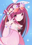  1girl :d absurdres bare_shoulders bead_necklace beads beatmania_iidx beatmania_iidx_30_resident bemani black_tube_top blue_background blunt_bangs blush bow bow_hairband commentary eyewear_on_head flat_chest from_side hair_bow hair_ornament hairband headphones highres jacket jewelry long_hair long_sleeves looking_at_viewer necklace official_alternate_costume open_clothes open_jacket pendant petite pink_eyes pink_hair pink_jacket raver simple_background smile solo sparkle star_(symbol) strapless sunglasses tube_top umegiri_ameto upper_body v very_long_hair vonvondx white_bow 