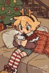  1boy :o animal_ears antlers blonde_hair blue_shorts blush bow bow_legwear bowtie candy candy_cane capelet christmas christmas_present christmas_tree couch cup deer_antlers double-parted_bangs drink fake_animal_ears food full_body gift green_eyes highres holding holding_cup horns indoors long_sleeves luan_(umiko_zzz) male_focus on_couch original pillow shorts solo stairs steam striped_clothes striped_thighhighs sweater thighhighs umiko_zzz 