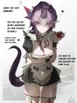  1girl absurdres apron arknights arknights:_endfield arm_under_breasts black_dress braid breasts cleavage curtained_hair dress heart highres ketchup_bottle long_hair looking_at_viewer maid maid_apron maid_headdress medium_breasts mole mole_under_each_eye mole_under_eye multiple_moles nefarith_(arknights) pointy_ears potatokunai purple_eyes purple_hair shaded_face short_dress simple_background single_braid skindentation smile tail 