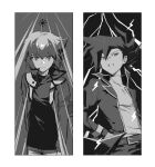  2boys black_background black_coat black_hair black_pants black_shirt border coat commentary_request cowboy_shot facing_viewer grey_background grey_jacket hai_(haihki) hair_slicked_back hand_in_pocket hand_on_own_hip highres jacket light_rays looking_ahead male_focus manjoume_jun multiple_boys open_clothes open_coat open_jacket pants popped_collar shirt smile spiked_hair thunder turning_head upper_body walking white_border white_shirt wind yu-gi-oh! yu-gi-oh!_gx yuki_judai 