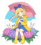  1girl assistant_(onyhakase) blonde_hair blue_dress blue_eyes blue_hairband blue_ribbon blush boots closed_mouth coat collared_shirt dress flower frog hairband head_tilt holding holding_umbrella hydrangea looking_at_viewer medium_dress neck_ribbon onyhakase open_clothes open_coat original pinafore_dress pink_umbrella rabbit rain rainbow raincoat ribbon shirt short_hair sitting sleeveless sleeveless_dress smile solo umbrella white_shirt yellow_boots yellow_raincoat 