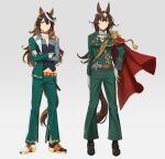  2girls absurdres aiguillette animal_ears aqua_pants ascot asymmetrical_footwear asymmetrical_jacket belt black_choker black_shoes bright_pupils brown_hair buttons cape choker closed_mouth commentary_request cosplay costume_switch crossed_arms double-breasted ear_ornament earrings epaulettes floating_cape floating_clothes gloves green_pants grey_shirt grin hair_between_eyes half-jacket hand_on_own_hip highres horse_ears horse_girl horse_tail jewelry long_hair looking_at_viewer low_block_heels meatworld9 medal midriff mismatched_footwear multicolored_hair multiple_girls navel orange_belt pants pink_eyes red_cape red_eyes sash shirt shoes silver_buttons simple_background single_earring single_epaulette sirius_symboli_(feroce)_(umamusume) sirius_symboli_(umamusume) smile standing symboli_rudolf_(emperor's_path)_(umamusume) symboli_rudolf_(umamusume) tail umamusume white_ascot white_background white_gloves white_pupils yellow_sash 
