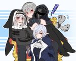  114514_(54857733) 3girls arknights black_dress black_footwear black_gloves black_pants boots chair coat doctor_(arknights) dress gladiia_(arknights) gloves grey_capelet grey_coat hair_ornament hair_over_one_eye highres hood hooded_jacket jacket long_hair looking_at_viewer multiple_girls nun pants red_eyes robe silver_hair silver_neckwear skadi_(arknights) smile specter_(arknights) veil whale_hair_ornament 