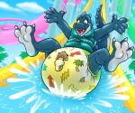  animate_inanimate anthro big_diaper bodily_fluids clothed clothing diaper dinosaur feet_up genital_fluids hands_up hi_res inflatable inflatable_diaper inflatable_vest living_inflatable looking_down male mapimoo_(artist) open_mouth pattern_diaper pool_toy prehistoric_species pull-ups_(diaper) reptile saurischian scalie skipper_(zoran) slide smile solo swim_vest tail theropod tyrannosaurid tyrannosauroid tyrannosaurus tyrannosaurus_rex unclean_diaper urine used_diaper water water_slide wearing_diaper wet_diaper 