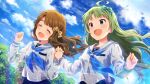  2girls :d ^_^ ahoge blue_eyes blue_neckerchief bow brown_hair card_commentary closed_eyes commentary_request day floating_hair game_asset green_bow green_hair hair_bow holding_hands idolmaster idolmaster_million_live! idolmaster_million_live!_theater_days interlocked_fingers long_hair long_sleeves miyao_miya multiple_girls neckerchief official_alternate_costume official_art open_mouth outdoors sailor_collar sailor_dreamer_(idolmaster) sailor_shirt school_uniform serafuku shimabara_elena shirt side-by-side smile standing third-party_source upper_body white_sailor_collar white_shirt yellow_bow 