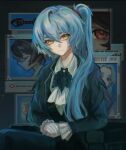  1girl absurdres angela_(project_moon) ascot black_feathers black_vest blue_coat blue_hair blue_jacket chair character_request closed_mouth coat collared_shirt commentary english_commentary error_message expressionless feathers frilled_sleeves frills gloves hair_between_eyes highres jacket lobotomy_corporation long_hair long_sleeves looking_at_viewer microsoft_paint_(software) monitor one_side_up pants persifalli pixelated project_moon red_eyes shirt sitting solo very_long_hair vest white_ascot white_gloves white_shirt window_(computing) yellow_eyes 