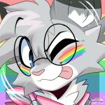  1:1 absurd_res anthro blep blue_eyes bodypaint clothed clothing digital_media_(artwork) dipstick_ears domestic_cat ear_markings egyptian_mau eyewear face_paint felid feline felis femboy_pride_colors fur glasses grey_body hair hi_res kerchief lgbt_pride lgbt_pride_month looking_at_viewer male mammal markings multicolored_ears neckerchief neckwear nixuelle one_eye_closed pink_nose pride_color_accessory pride_color_background pride_color_clothing pride_colors rainbow rainbow_pride_colors rose_puppies round_glasses simple_background six-stripe_rainbow_pride_colors smile solo teeth tongue tongue_out tuft wink winking_at_viewer 