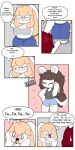  absurd_res anthro betty_(tonytoran) blue_bottomwear blue_clothing blue_shorts blush blush_lines bodily_fluids bottomwear bra breasts brown_hair chinchilla chinchillid cleavage clothed clothing comic cross-popping_vein denim denim_bottomwear denim_clothing dialogue eyelashes eyewear female glasses grey_clothing grey_shirt grey_tank_top grey_topwear group hair hi_res jeans lagomorph leporid long_hair male mammal navel nipple_outline pants rabbit red_hair rodent shirt shocked short_hair shorts speech_bubble sports_bra stuttering sweat sweaty_face tail tan_hair tank_top text tony_(tonytoran) tonytoran topwear trio trisha_(tonytoran) underwear workout_clothing 
