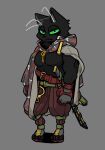  2021 anthro band-aid bandage belt black_body black_fur black_nose cartoon_network domestic_cat felid feline felis fur green_eyes grey_background hi_res male mammal mao_mao:_heroes_of_pure_heart melee_weapon sheriff_mao_mao_mao simple_background solo standing sword vetiver_n weapon 