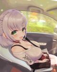  1girl :d absurdres bag black_choker blush braid breasts brown_skirt car_interior choker cleavage feweryen green_eyes half_updo handbag highres hololive jewelry large_breasts looking_at_viewer off-shoulder_sweater off_shoulder official_alternate_costume open_mouth pendant ribbed_sweater seatbelt shirogane_noel shirt short_hair silver_hair sitting skirt smile solo sweater virtual_youtuber white_shirt 