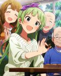  2boys 2girls :d ^_^ ahoge blue_eyes bow brown_hair card_commentary closed_eyes commentary_request day game_asset green_hair hair_bow hairband heart heart_necklace holding holding_mahjong_tile idolmaster idolmaster_million_live! idolmaster_million_live!_theater_days indoors jewelry long_hair mahjong_tile miyao_miya multiple_boys multiple_girls necklace official_art old old_man open_mouth purple_bow purple_hairband shimabara_elena smile sweater third-party_source white_sweater 