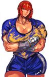  1girl absurdres arms_under_breasts blue_shorts blunt_bangs bob_cut breasts cleavage commentary_request cowboy_shot cropped_legs crossed_arms curvy gloves green_eyes hand_wraps highres huge_breasts large_breasts looking_at_viewer marisa_(street_fighter) muscular muscular_female red_hair shirt short_hair short_shorts shorts simple_background solo sportswear standing street_fighter street_fighter_6 thick_thighs thighs white_background zuman_(zmnjo1440) 