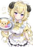  1girl absurdres ahoge blonde_hair blush bow bowtie commentary_request cowboy_shot dress food from_above hair_ornament hairclip highres holding holding_tray hololive horns long_hair looking_at_viewer macaron parallel_hairclips puff_of_air purple_eyes rinkaa_(lovelive765pro2) sheep_girl sheep_horns short_sleeves simple_background smile solo tray tsunomaki_watame twintails virtual_youtuber waitress watamate white_background wrist_cuffs x_hair_ornament yellow_bow yellow_bowtie 