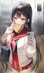  1girl absurdres apple_inc. artist_request bag black_hair black_shirt blunt_bangs blush bread bread_slice breasts cardigan cellphone commentary_request commission cowboy_shot eating elevator elevator_door food food_in_mouth hair_ornament hairclip highres holding holding_bag holding_phone iphone korean_commentary long_hair looking_at_viewer medium_breasts midriff_peek mole mole_under_eye mouth_hold neckerchief original parallel_hairclips phone pink_neckerchief pleated_skirt red_eyes red_sailor_collar red_skirt rie_(mirae_yang) sailor_collar school_bag second-party_source shirt skirt smartphone solo standing toast toast_in_mouth v very_long_hair white_cardigan 