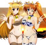  2girls :d animal_ears animal_print arm_on_another's_shoulder bare_shoulders bell bikini blonde_hair blue_collar blue_eyes border breast_press breasts brown_bikini brown_hair brown_thighhighs brown_wrist_cuffs cleavage closed_mouth collar collarbone commentary_request cow_ears cow_horns cow_print cow_print_bikini cow_print_thighhighs cowbell cowboy_shot fake_animal_ears fake_horns fate_testarossa floating_hair gradient_sky high_side_ponytail horns large_breasts long_hair long_sidelocks lyrical_nanoha mahou_shoujo_lyrical_nanoha_strikers milk_day multiple_girls navel neck_bell one_eye_closed open_hand open_mouth outside_border parted_bangs pillarboxed print_bikini print_thighhighs print_wrist_cuffs red_collar red_eyes side-tie_bikini_bottom side_ponytail sidelocks sky smile stomach sunset swimsuit symmetrical_docking takamachi_nanoha thighhighs tsukamoto_takashi upper_body v very_long_hair waving white_border wispy_bangs wrist_cuffs 