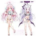  2girls :d ahoge alternate_costume alternate_hairstyle anzu_ame apron ass_visible_through_thighs bikini black_bikini black_horns black_sandals black_wrist_cuffs blue_archive blue_bow blue_bowtie blue_eyes blush bow bow_bikini bowtie breasts buttons closed_mouth commentary_request demon_girl demon_horns demon_wings detached_collar detached_sleeves enmaided fang floating_hair forehead frilled_apron frilled_bikini frilled_sleeves frilled_thigh_strap frilled_wrist_cuffs frills full_body hair_bow halo hands_up heart heart_button heterochromia highres hina_(blue_archive) horns hoshino_(blue_archive) legs long_hair looking_at_viewer low_twintails low_wings maid maid_apron maid_bikini maid_headdress multi-strapped_bikini_bottom multiple_girls navel open_mouth orange_bow own_hands_together parted_bangs pink_hair ponytail puffy_short_sleeves puffy_sleeves purple_eyes purple_halo red_bow red_bowtie sample_watermark sandals short_sleeves sidelocks simple_background slit_pupils small_breasts smile standing standing_on_one_leg stomach swimsuit thigh_gap thigh_strap thighs twintails unconventional_maid v_arms very_long_hair waist_apron watermark white_apron white_background white_hair wings wrist_cuffs yellow_eyes zoom_layer 