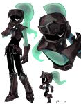  1boy aqua_feathers aqua_gem aqua_skin arm_at_side armor armored_boots bare_shoulders belt black_armor black_belt black_boots black_eyes black_gloves black_helmet black_pants black_shirt boots chibi chibi_inset colored_skin commentary contrapposto covered_mouth cropped_torso dandy's_world elbow_gloves english_commentary eyes_in_shadow fewer_digits film_grain from_above full_body gem gloves hand_on_own_chin hand_up hat_feather helmet highres knee_boots legs_apart looking_at_viewer looking_to_the_side looking_up male_focus multiple_views no_pupils pants roblox ron_just000 shirt shoulder_armor simple_background sleeveless sleeveless_shirt soulvester_(dandy's_world) standing standing_on_one_leg walking white_background 