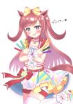  1girl absurdres agnes_digital_(full-color_fangirling)_(umamusume) agnes_digital_(umamusume) animal_ears bead_necklace beads belt belt_buckle blue_eyes blush bow brown_hair buckle commentary cowboy_shot drooling frilled_shirt frilled_skirt frills glowstick hair_bow heart heart-shaped_pupils highres holding holding_glowstick horse_ears horse_girl horse_tail jewelry long_hair looking_at_viewer midriff mouth_drool multicolored_shirt multicolored_skirt necklace niboshi_2850 open_mouth purple_eyes red_belt shirt single_wrist_cuff skirt sleeveless smile solo symbol-shaped_pupils tail thighhighs translation_request two_side_up umamusume white_background wrist_cuffs yellow_bow 