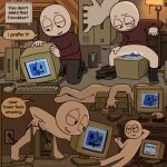  1other after_sex black_socks brown_pants cigarette clitoris colored_skin computer computer_mouse desk desk_lamp electrical_outlet english_text erect_clitoris highres holding holding_cigarette homunculus100 lamp macintosh monitor montage nude one_eye_closed original pants pussy pussyjob red_sweater sexually_suggestive socks stick_figure sweater uncommon_stimulation unworn_pants white_skin 