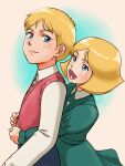  1boy 1girl aged_down aobito_sukoyaka_bystander artesia_som_deikun blonde_hair blue_eyes blue_pants blush brother_and_sister casval_rem_deikun char_aznable child clothing_request collared_dress collared_shirt commentary_request dress dress_shirt green_dress gundam hand_grab highres hug hug_from_behind long_sleeves looking_at_another lower_teeth_only medium_hair mobile_suit_gundam mobile_suit_gundam_the_origin open_mouth pants pink_sweater_vest sayla_mass shirt short_hair siblings signature simple_background smile sweater_vest teeth tongue white_shirt 