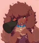  ambiguous_gender anthro begging blue_collar blush blush_lines brown_body brown_fur brown_hair brown_nose canid canine canis claws collar colored digital_drawing_(artwork) digital_media_(artwork) disembodied_hand domestic_dog duo feral fluffy freckled_face freckles fur green_eyes hair half-length_portrait hand_on_face heart_pupils heart_symbol hi_res long_ears looking_at_viewer mammal one_eye_closed portrait shaded shiones snout tail tail_motion tailwag 