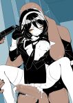  1girl 2boys absurdres black_bra black_dress black_hair black_necktie bra breasts clothed_female_nude_male commentary_request cum cum_overflow dress gun handgun highres holding holding_gun holding_weapon medium_breasts multiple_boys necktie nude orange_eyes original penis rape shirt short_hair spread_legs thighhighs underwear weapon white_shirt white_thighhighs yanagui_yugi 