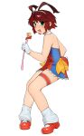  1girl absurdres antenna_hair bare_legs bare_shoulders brown_hair commentary green_eyes heart_wand highres leg_warmers looking_at_viewer red_shoes renkin_san-kyuu_magical_pokaan shoes short_hair smile solo striped_clothes uma_(magipoka) vertical-striped_clothes wand white_background white_leg_warmers yirtios 