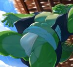  2026 5_fingers anthro asian_clothing beard black_clothing black_topwear black_vest bodily_fluids clothing cloud countershade_arms countershade_legs countershade_torso countershading dragon east_asian_clothing eastern_dragon facial_hair fingers fundoshi green_body green_scales horn japanese_clothing male mane mature_anthro mature_male morenatsu muscular muscular_anthro muscular_male mythological_creature mythological_scalie mythology open_mouth open_smile pecs samoji scales scalie smile solo sweat sweatdrop tail tail_mane tappei_midoriya teeth topwear underwear vest 