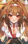  1boy 1girl absurdres animal_ears bare_shoulders breasts brown_hair commentary_request dress droopy_ears frills hair_ornament hairband hands_on_another's_chest highres jacket large_breasts long_hair open_clothes open_jacket pov red_eyes shirt shumai_il white_hairband wise_(zenless_zone_zero) ye_shunguang ye_shunguang_(touch_of_dawnlight) zenless_zone_zero 