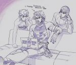  1girl 2boys abs breasts cleavage computer desperate_housewives dio_brando fangs guido_mista hat in-franchise_crossover jojo_no_kimyou_na_bouken laptop lips multiple_boys open_mouth playing_games playing_video_games sitting stardust_crusaders tmblyeet trish_una vampire vento_aureo 