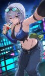  1girl armpits breasts building cat-shaped_eyewear commentary_request crop_top cup denim disposable_cup eyewear_on_head female_esper_zero_(nte) food grey_eyes grey_hair hair_ornament hairclip highres holding holding_cup ice_cream jeans looking_at_viewer medium_breasts midriff navel neverness_to_everness night pants panty_straps sakazuki_sudama short_hair skyscraper solo sundae 