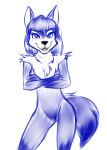  2018 anthro bianca_(sheep_and_wolves) blue_body blue_eyes blue_fur blue_hair breasts canid canine canis casual_nudity featureless_crotch female fur hair hi_res joykill mammal no_navel nude russian sheep_and_wolves simple_background smile solo traditional_media_(artwork) tuft white_background wizart wizarts wolf 
