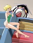 1980s_(style) 1girl absurdres aobito_sukoyaka_bystander arm_at_side arm_support barefoot blonde_hair blue_eyes blunt_ends blush bob_cut breasts breasts_apart brown_background casual_one-piece_swimsuit cleavage closed_mouth collarbone commentary_request covered_nipples dorsiflexion feet from_below from_side full_body green_one-piece_swimsuit gundam hand_up highleg highleg_one-piece_swimsuit highres holding holding_removed_eyewear legs light_blush long_legs looking_at_viewer mecha medium_breasts mobile_suit mobile_suit_gundam one-piece_swimsuit parted_bangs retro_artstyle robot rx-78-2_gundam sayla_mass science_fiction shadow short_hair sideboob sideways_glance signature sitting strap_gap sunglasses swept_bangs swimsuit tinted_eyewear tiptoes toes unworn_eyewear v-fin yellow_eyes 