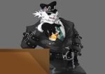  1boy absurdres animal_ears bara black_gloves black_hair black_jacket black_pants chain_whip commentary cup darius_ill dislyte fangs furry furry_male gloves green_necktie highres holding holding_cup holding_whip jacket jin_qiu_(ru_shou)_(dislyte) looking_at_viewer male_focus necktie open_mouth pants shirt smile sunglasses tiger_boy tiger_ears tiger_stripes whip white_fur white_shirt 