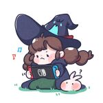  1girl ? animal_ears black_robe blush_stickers braid chibi commentary ellie_blueriver hat highres korean_commentary little_witch_in_the_woods musical_note nintendo_switch official_art playing_games rabbit_ears robe sitting squishychub talking_hat twin_braids wariza white_background witch witch_hat 