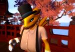  3d_(artwork) anthro bandai_namco blurred_background bridge cherry_blossom clothing digimon digimon_(species) digital_media_(artwork) facial_hair female flower garry's_mod generalbrainconsuminlet hat headgear headwear humor mustache plant prunus_(flower) renamon scenery school_uniform solo top_hat uniform 