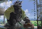  4boys abs animal_ears areola_slip artist_name bara barefoot blue_sky bulge butterfly_net claws cloud commentary dog_boy dog_ears fangs furry furry_male green_shirt hand_fan hand_net holding holding_fan holding_net japanese_clothes jewelry looking_at_viewer lou_(world_flipper) male_focus mouse_boy mouse_ears multiple_boys muscular muscular_male navel necklace nimbus_(world_flipper) on_floor open_mouth paper_fan pectorals rolf_(world_flipper) shirt shorts sitting sky smile sven_(world_flipper) tail tiger_boy uchiwa untranslatable_commentary waahurikya water_pump white_shorts wolf_boy wolf_ears wolf_tail world_flipper 