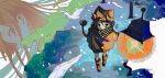  1boy absurdres animal_ears animal_hat autumn awoito_(tsurubami_jiguro) bird black_eyes black_hair boots brown_eyes brown_hair cat_ears cat_tail checkered_clothes checkered_scarf clown commentary_request footprints from_above hat highres holding holding_lantern lantern long_hair looking_at_viewer open_mouth original outdoors scarf short_hair smile tail tree winter 