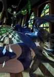  10nitimonokori 2girls absurdres arm_cannon ass black_coat black_dress black_hair black_leggings black_rock_shooter black_rock_shooter_(character) black_shorts chain checkered_floor coat commentary_request dead_master dress flaming_eye floating_skull highres leggings long_hair multiple_girls rock_cannon shorts skull twintails weapon 