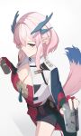  1girl absurdres alcohol arknights arknights:_endfield beer beer_can black_shorts blue_sleeves breasts can cleavage closed_mouth cropped_jacket demon_girl demon_horns drink drink_can fingerless_gloves gloves green_overskirt hair_over_one_eye highres holding holding_drink horns jacket large_breasts looking_at_viewer mi_fu_(arknights) nekoze_nekoze pink_hair pointy_ears red_eyes red_gloves red_shirt shirt short_shorts shorts smile solo tail white_jacket 
