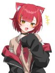  +++ 1girl animal_ear_fluff animal_ears black_choker black_jacket blush brown_sweater cat_ears cat_girl center-flap_bangs choker collared_shirt commentary english_commentary fang hair_ornament hand_up highres jacket long_sleeves looking_at_viewer medium_hair mochideki_(m0chideki) multicolored_hair multicolored_jacket neckerchief nekota_tsuna nekota_tsuna_(4th_costume) nijisanji off_shoulder official_alternate_costume open_clothes open_jacket open_mouth orange_hair paw_hairpin paw_print_ornament red_hair red_jacket red_neckerchief shirt short-sleeved_sweater short_sleeves sidelocks simple_background sleeves_past_fingers sleeves_past_wrists smile solo streaked_hair sweater sweater_vest two-tone_jacket upper_body virtual_youtuber white_background white_shirt yellow_eyes 