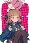  1girl absurdres black_jacket blunt_bangs blush bow brown_hair brown_pantyhose brown_skirt collared_shirt commentary_request danganronpa_(series) danganronpa_2:_goodbye_despair diaper dress_shirt ear_bow highres hood hood_down jacket long_sleeves medium_hair monomi_(danganronpa) nanami_chiaki neck_ribbon open_clothes open_jacket pantyhose pink_background pink_eyes pink_ribbon pleated_skirt ribbon shirt sitting skirt solo white_background white_shirt youko-shima 