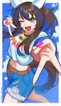  1girl absurdres animal_ears belt blue_streaks border breasts brown_eyes brown_hair clothes_writing commentary crop_top daitaku_helios_(casual)_(umamusume) daitaku_helios_(umamusume) denim denim_shorts double_gyaru_v ear_covers ear_ornament fang gyaru gyaru_v highres horse_ears horse_girl horse_tail long_hair looking_at_viewer medium_breasts midriff multicolored_hair navel one_eye_closed open_mouth orange_belt outside_border print_shirt shirt shirt_under_shirt shorts side_ponytail skin_fang smile solo sparkling_eyes sskai stomach streaked_hair tail torn_clothes torn_shorts umamusume v white_border white_shirt 