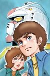  1boy 1girl absurdres amuro_ray aobito_sukoyaka_bystander aqua_jacket blue_background blue_eyes blue_jacket blush brown_eyes brown_hair collared_shirt commentary_request fraw_bow freckles frown gundam highres jacket long_sleeves mecha mobile_suit mobile_suit_gundam nervous_sweating open_clothes open_jacket open_mouth orange_shirt partial_commentary robot rx-78-2_gundam science_fiction serious shirt short_hair simple_background sweat sweatdrop upper_body worried 