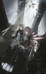  2girls arknights black_boots black_dress black_jacket black_shrug boots broken_glass brown_hair commission crosshair detached_wings doctor_(arknights) dress energy_wings female_doctor_(arknights) glass halo highres jacket lace-up_boots lemuen_(arknights) long_hair long_sleeves looking_at_viewer multiple_girls orange_eyes pink_eyes pink_hair pink_wings po32376 second-party_source see-through_clothes see-through_veil shrug_(clothing) sitting stained_glass thigh_boots veil very_long_hair white_dress wings 